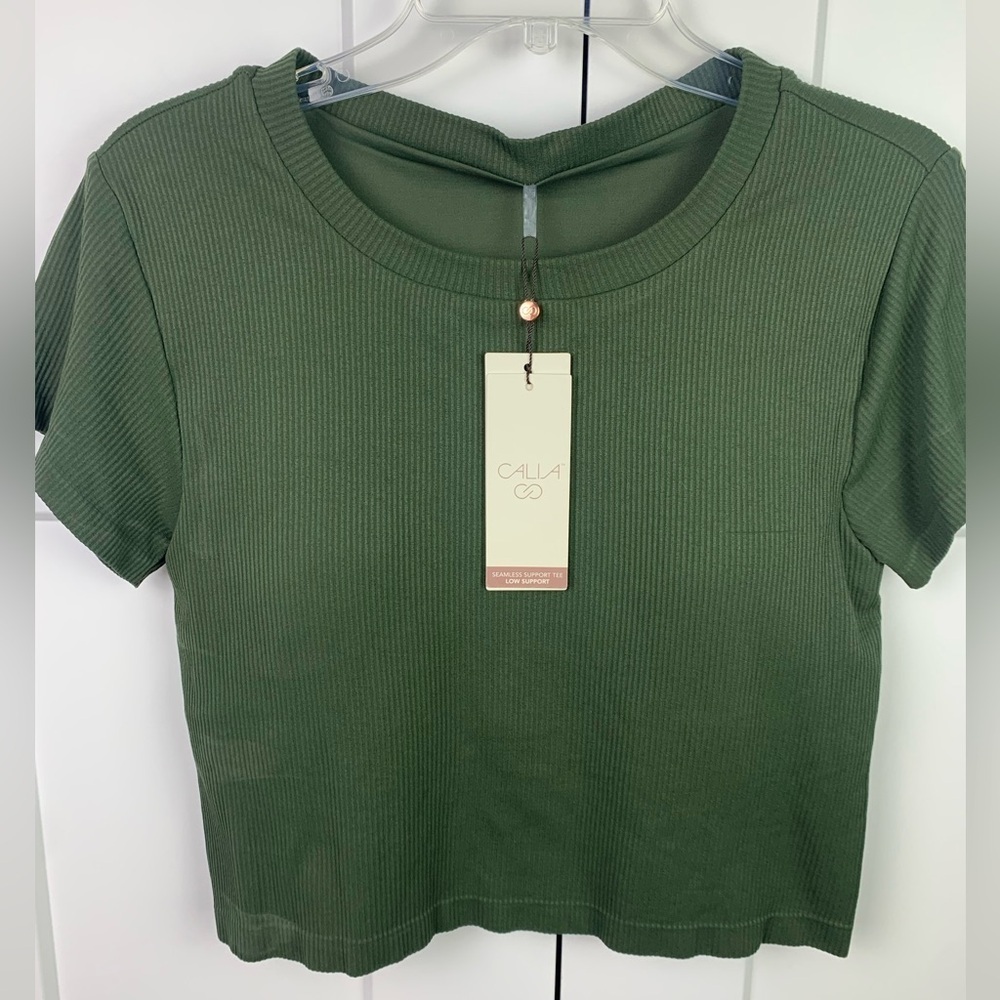NWT Calia XXL Seamless Cropped T Shirt Ribbed Green Short Sleeve Built In Bra